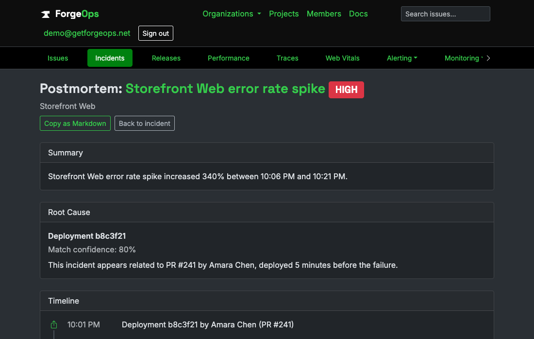 A generated postmortem document, showing the summary, root cause, and the start of a real timeline