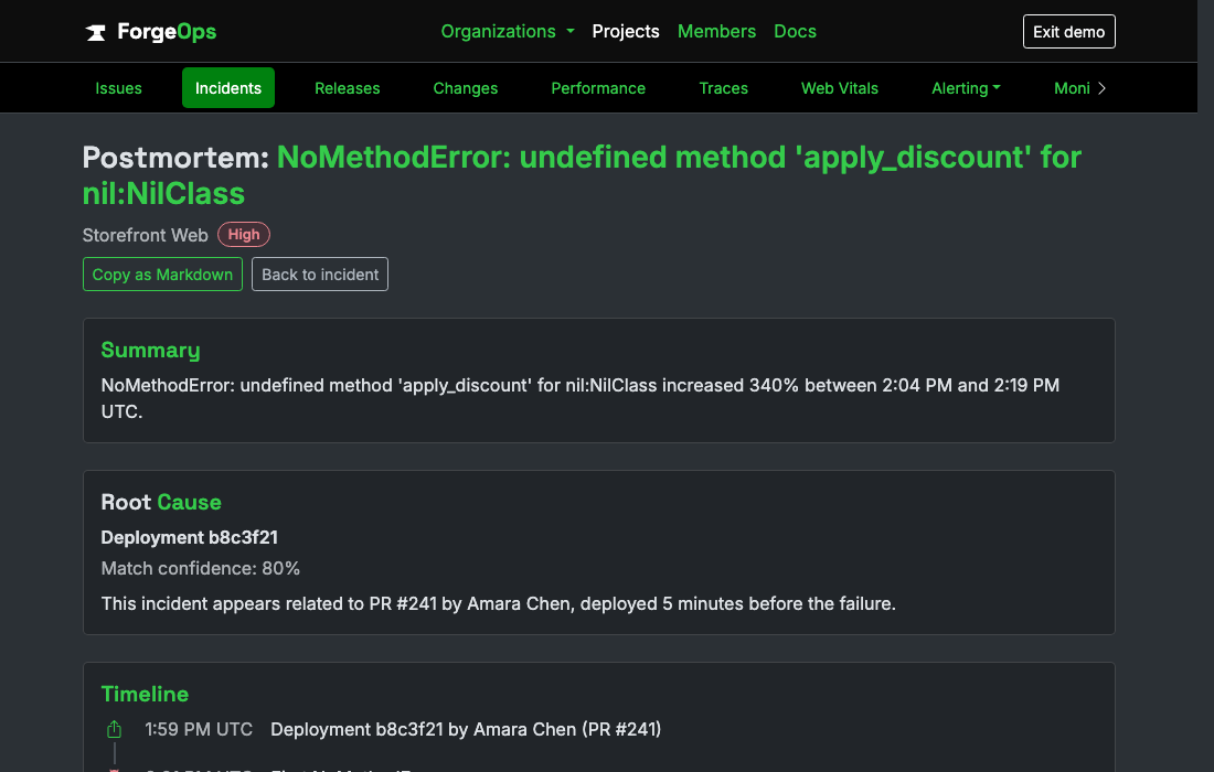 A generated postmortem document, showing the summary, root cause, and the start of a real timeline