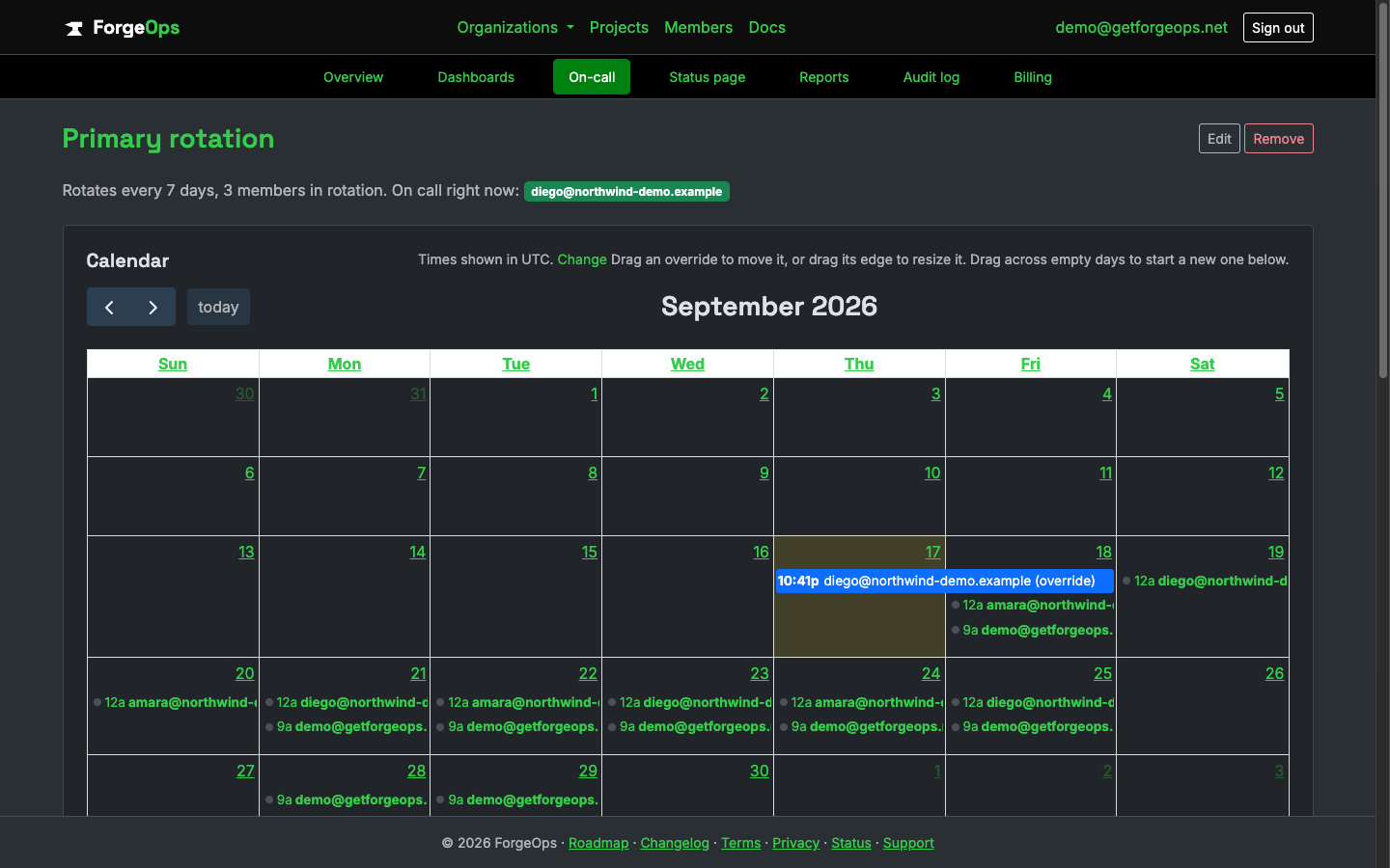 An on-call schedule's calendar, showing the computed rotation and a blue override block