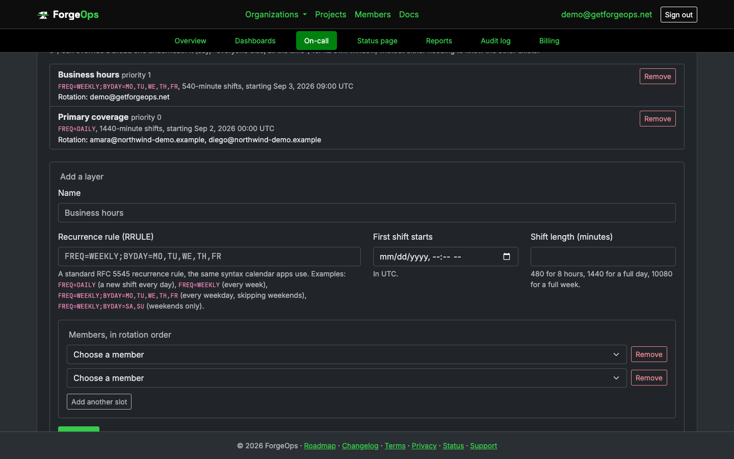 An on-call schedule's edit page, showing a business-hours layer built from a recurrence rule