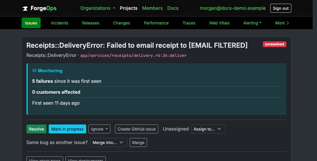 An issue's occurrence card showing a message and Context block with an email address and an api_key field redacted, next to an untouched order_total_cents field