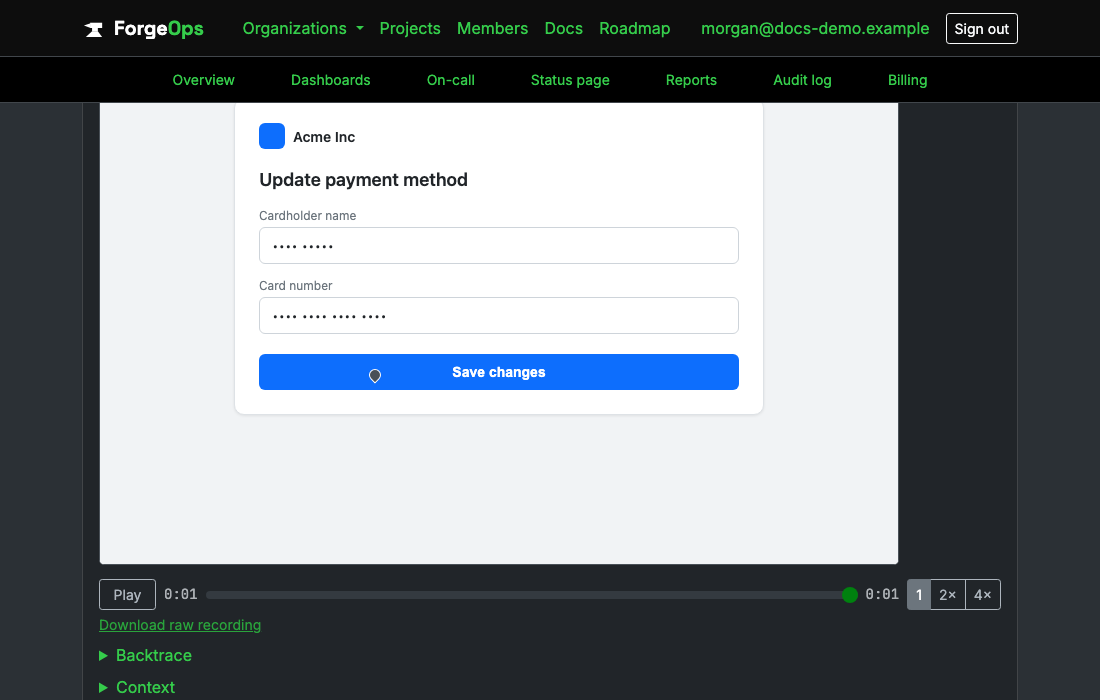 The session replay player mid-playback, showing a reconstructed page with masked cardholder-name and card-number fields and a cursor resting on a Save changes button