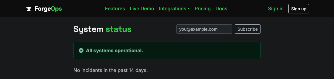 The public status page, showing an all-clear message and an email subscribe box, no account required