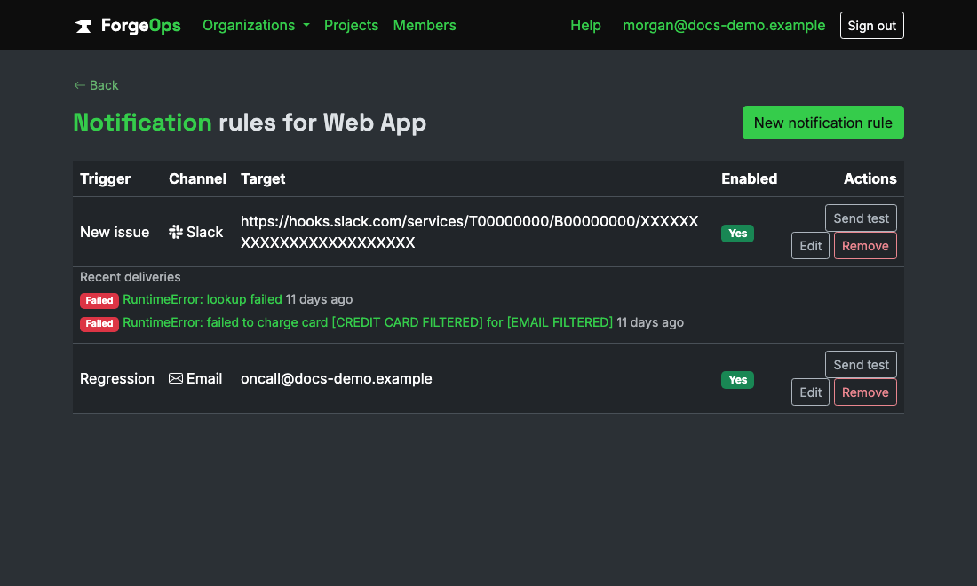 Notification rules configured per trigger and channel, e.g. a new issue to Slack, a regression to email