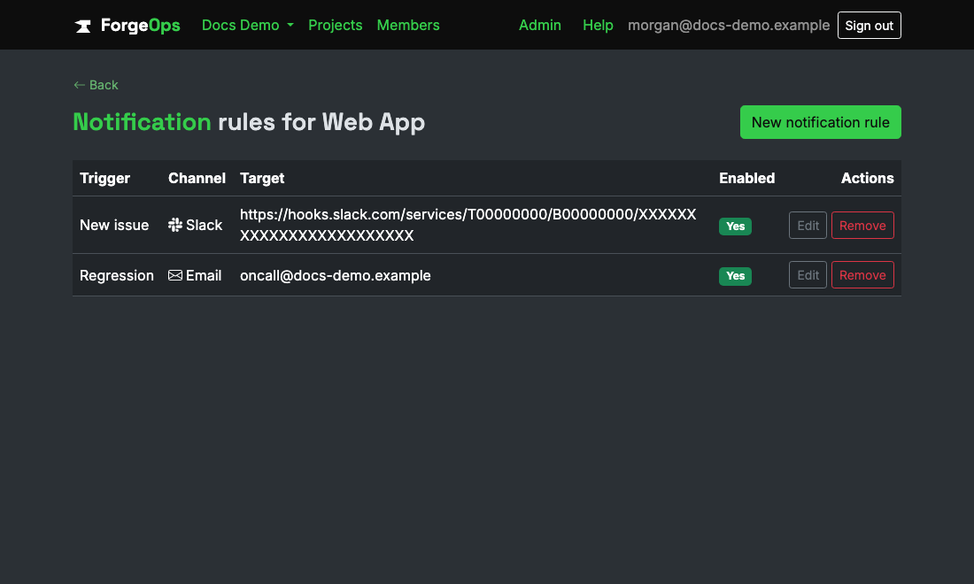Notification rules configured per trigger and channel, e.g. a new issue to Slack, a regression to email