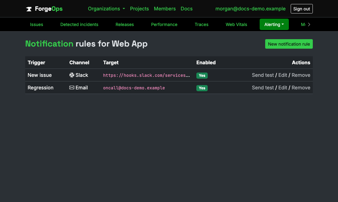 Notification rules configured per trigger and channel, e.g. a new issue to Slack, a regression to email
