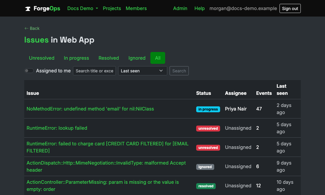 An issue list, showing one row per grouped issue with its event count and last-seen time
