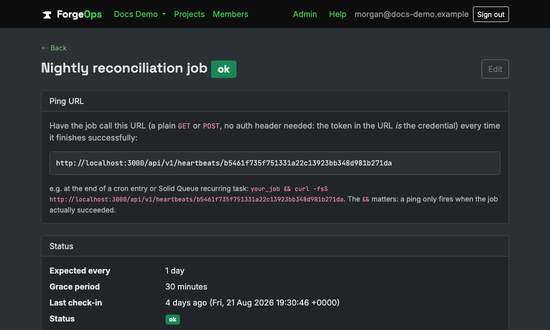 A heartbeat's ping URL and status, showing its expected interval, grace period, and last check-in