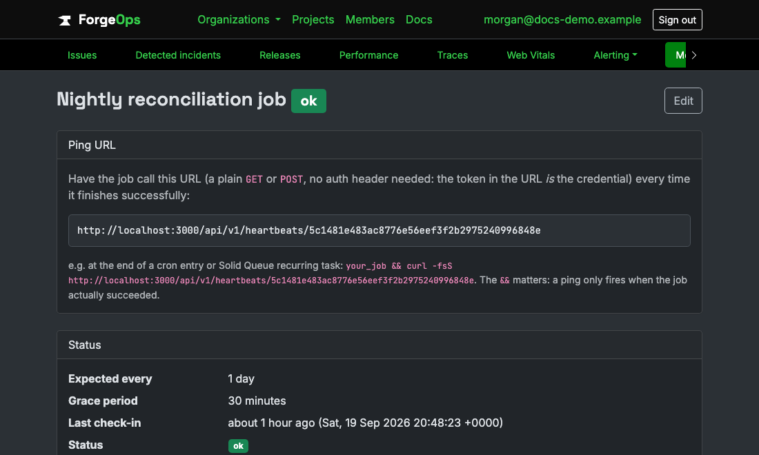 A heartbeat's ping URL and status, showing its expected interval, grace period, and last check-in