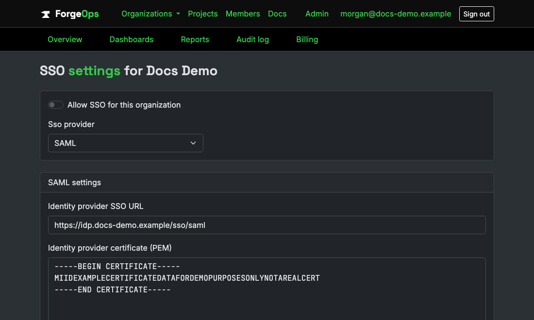 An organization's SSO settings page, configuring a SAML identity provider URL and certificate
