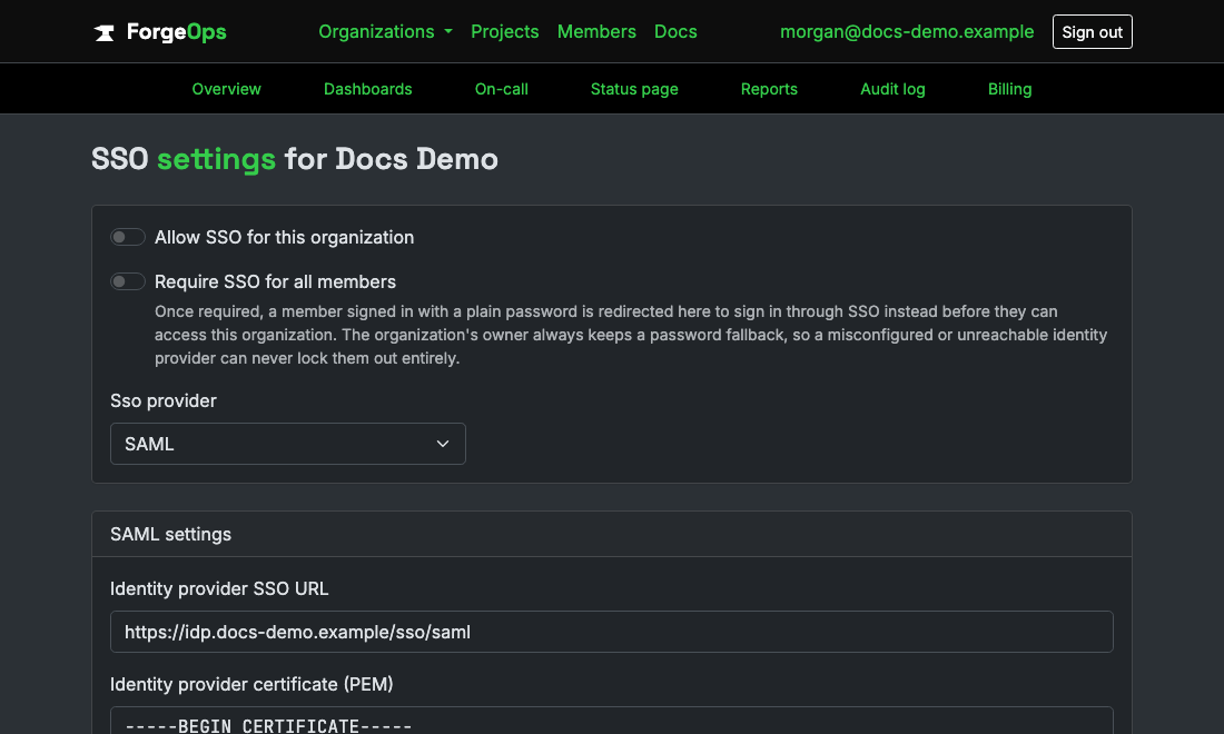 An organization's SSO settings page, configuring a SAML identity provider URL and certificate