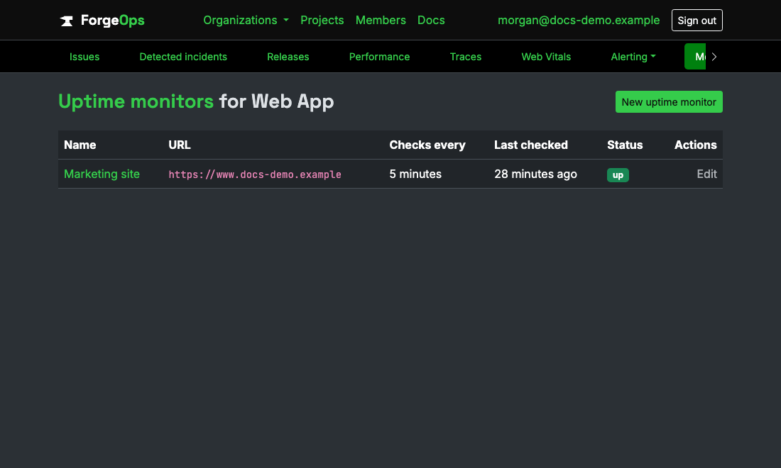 An uptime monitor's own status page, showing its check interval, consecutive-failure threshold, and current status