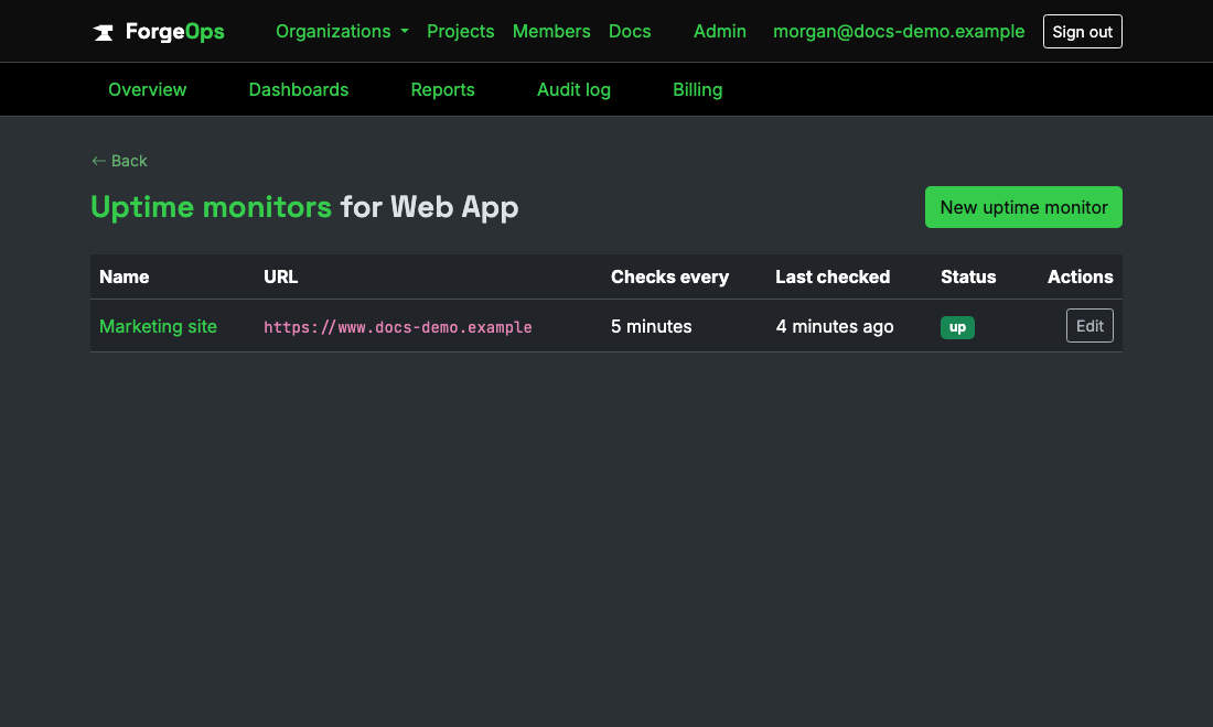 An uptime monitor's own status page, showing its check interval, consecutive-failure threshold, and current status