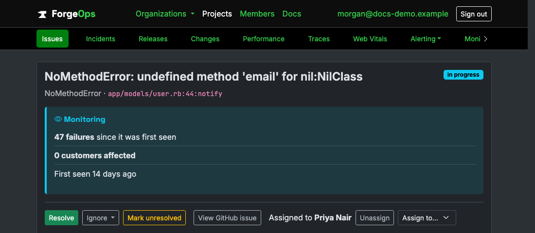 An issue's detail page showing the Create issue button alongside Resolve, Ignore, and Reopen
