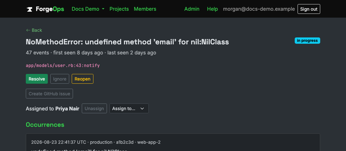 An issue's detail page showing the Create issue button alongside Resolve, Ignore, and Reopen