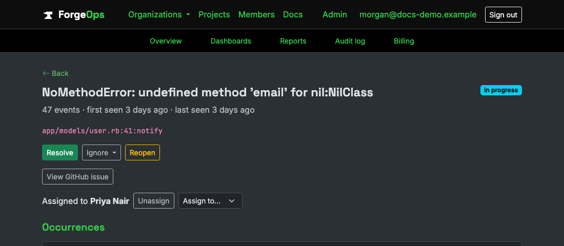 An issue's detail page showing the Create issue button alongside Resolve, Ignore, and Reopen