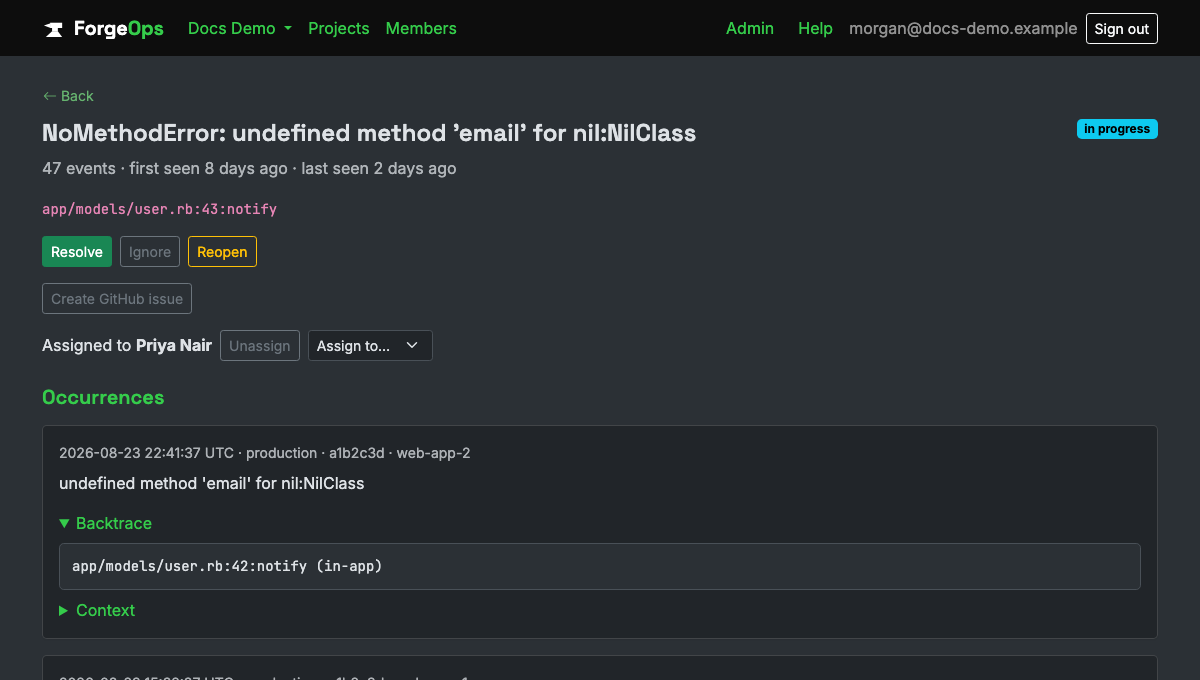 An issue's detail page in ForgeOps, showing its status, assignment, and backtrace