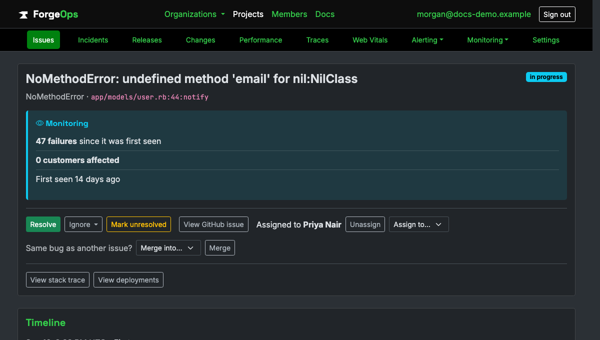 An issue's detail page in ForgeOps, showing its status, assignment, and backtrace