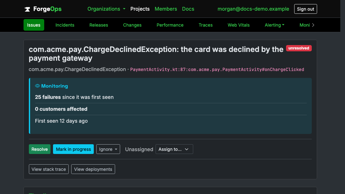 An Android issue's page in ForgeOps: its title, the exception class and the code it came from beneath it, then its verdict with its failure count, customers affected, and when it was first seen, above the triage buttons