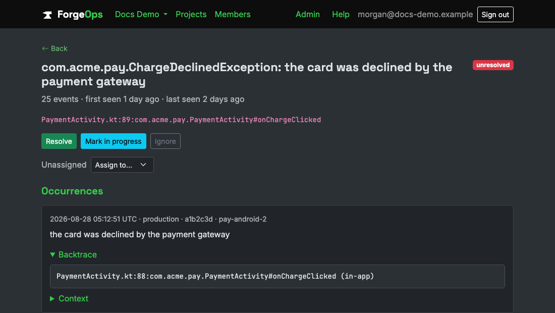 An Android issue's detail page, showing its fully-qualified exception class and backtrace, or an ANR's main-thread stack