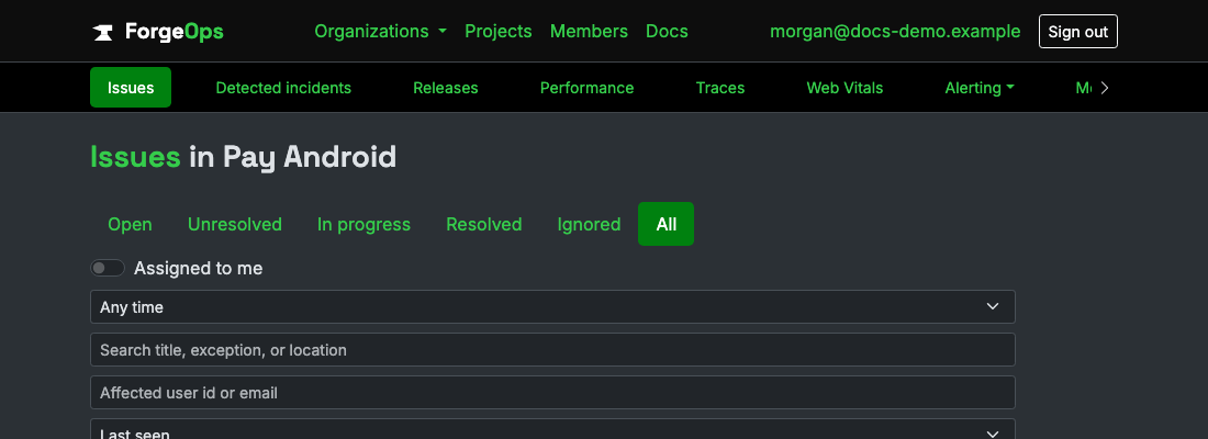 The issue list for a project reporting from an Android app