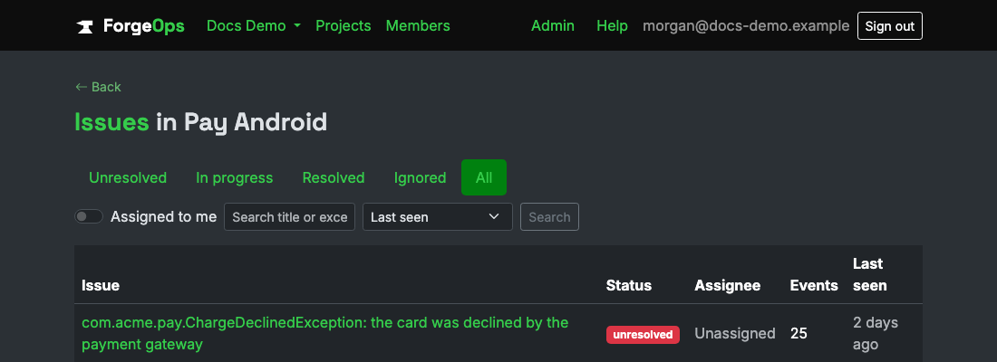 The issue list for a project reporting from an Android app