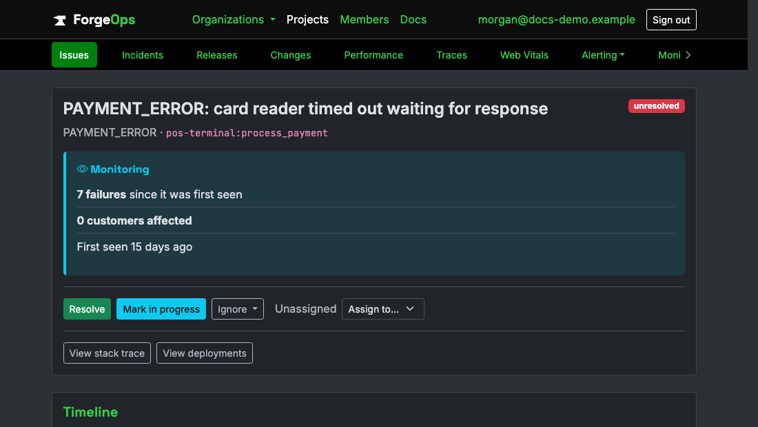 A C issue's page in ForgeOps: its title, the exception class and the code it came from beneath it, then its verdict with its failure count, customers affected, and when it was first seen, above the triage buttons