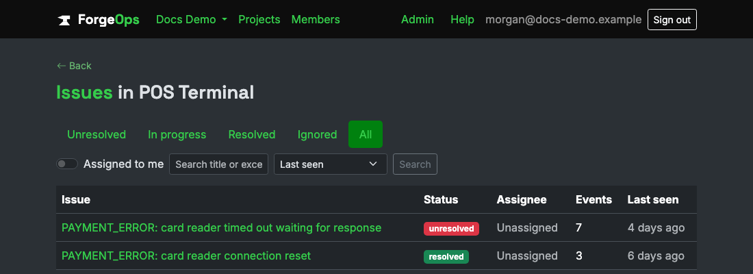 The issue list for a project reporting from a C app