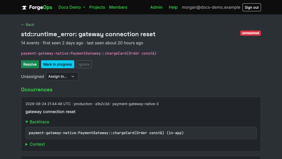 A C++ issue's detail page, showing its demangled-symbol backtrace with no line numbers