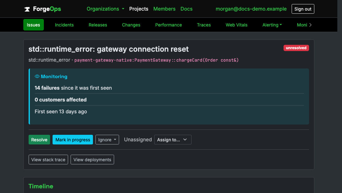 A C++ issue's page in ForgeOps: its title, the exception class and the code it came from beneath it, then its verdict with its failure count, customers affected, and when it was first seen, above the triage buttons