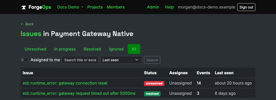 The issue list for a project reporting from a C++ app