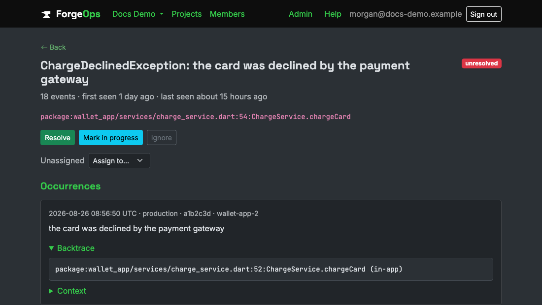 A Dart issue's detail page, showing its backtrace parsed from a Dart StackTrace