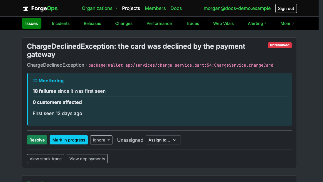 A Dart issue's page in ForgeOps: its title, the exception class and the code it came from beneath it, then its verdict with its failure count, customers affected, and when it was first seen, above the triage buttons
