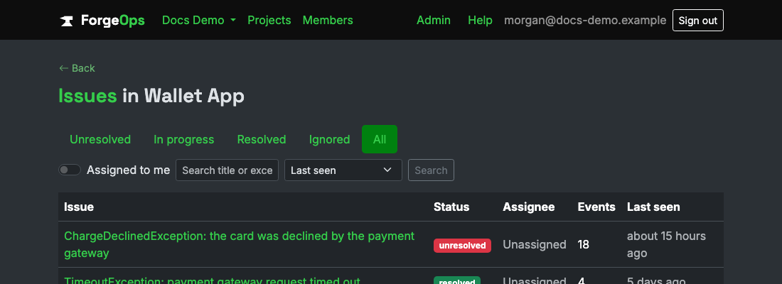 The issue list for a project reporting from a Dart/Flutter app