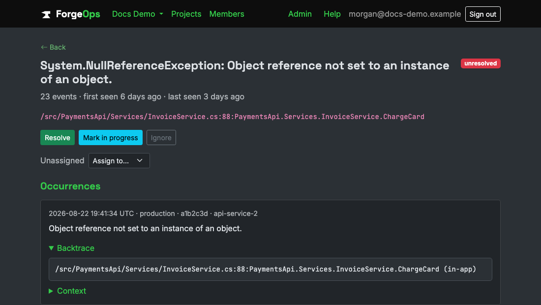 A .NET issue's detail page, showing its System.Exception-style backtrace