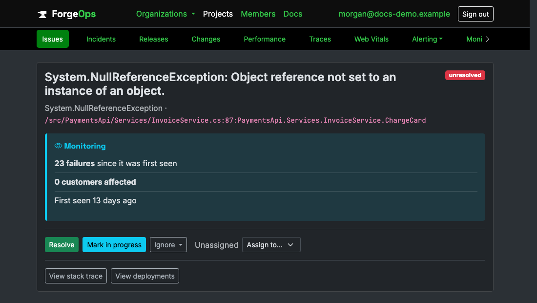 A .NET issue's page in ForgeOps: its title, the exception class and the code it came from beneath it, then its verdict with its failure count, customers affected, and when it was first seen, above the triage buttons