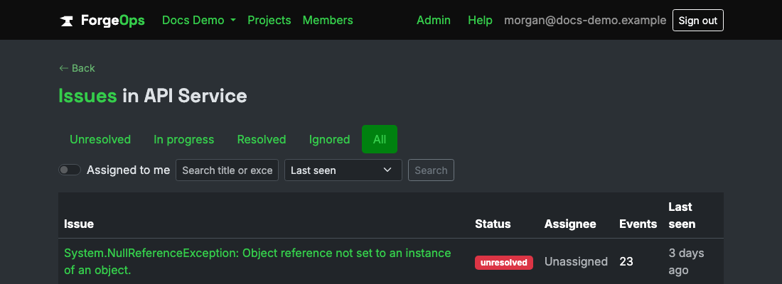 The issue list for a project reporting from a .NET app