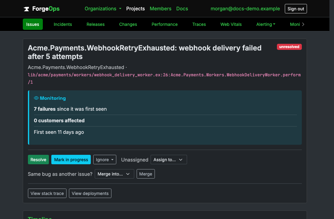 A ForgeOps issue for a failing Oban job: its title, the exception class and the code it came from beneath it, then its verdict with its failure count, customers affected, and when it was first seen, above the triage buttons
