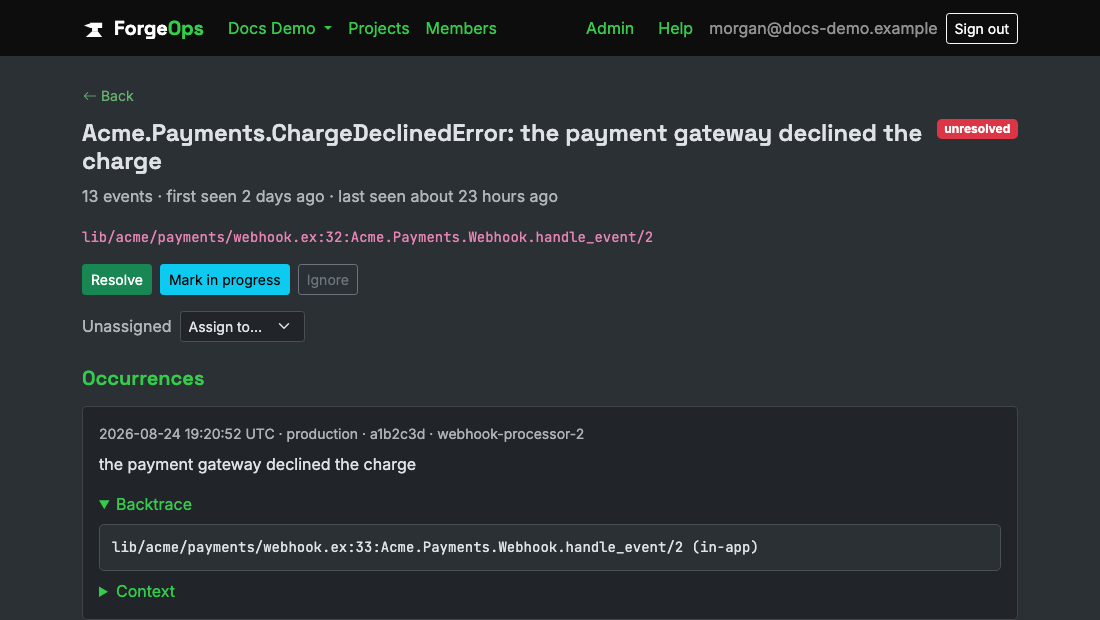 An Elixir issue's detail page, showing its __STACKTRACE__-derived backtrace, module-qualified the way Exception.format_mfa formats it