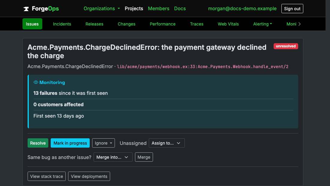 An Elixir issue's page in ForgeOps: its title, the exception class and the code it came from beneath it, then its verdict with its failure count, customers affected, and when it was first seen, above the triage buttons