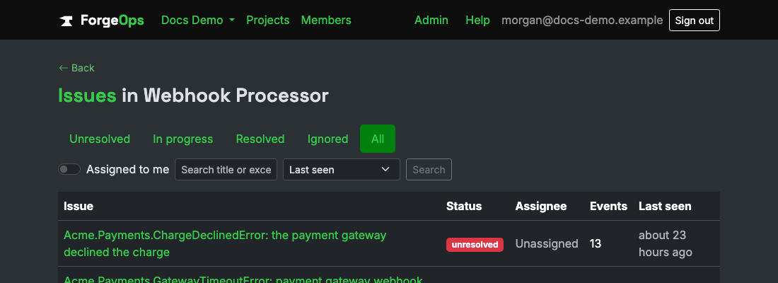 The issue list for a project reporting from an Elixir app