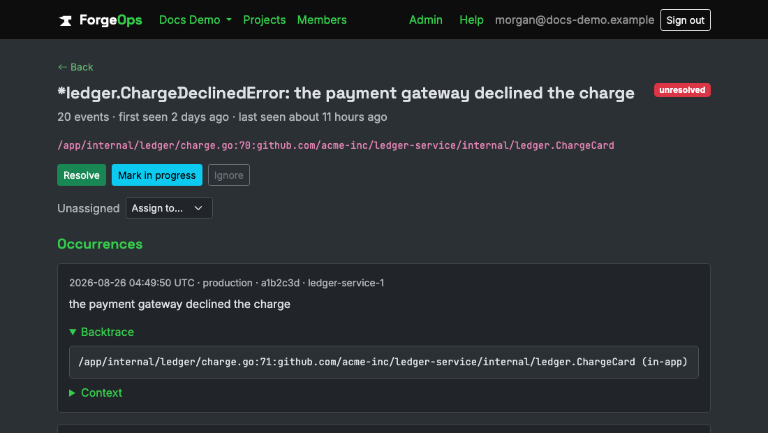 A Go issue's detail page, showing its backtrace captured from runtime.Callers