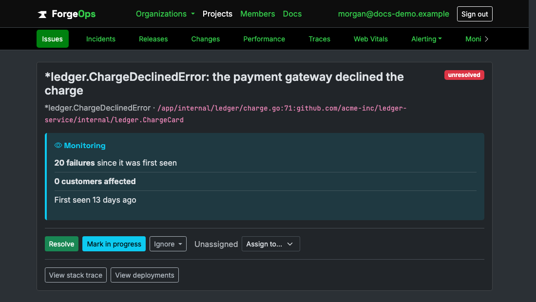 A Go issue's page in ForgeOps: its title, the exception class and the code it came from beneath it, then its verdict with its failure count, customers affected, and when it was first seen, above the triage buttons