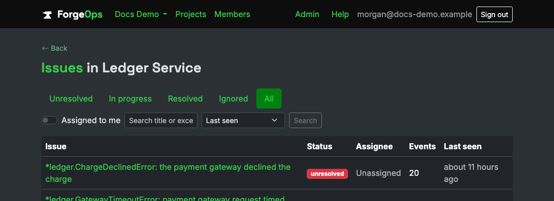 The issue list for a project reporting from a Go app