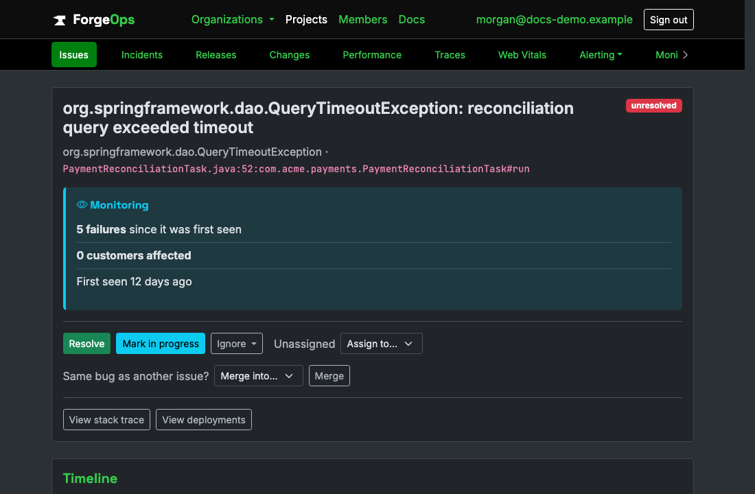 A ForgeOps issue for a failing Spring @Async/@Scheduled method: its title, the exception class and the code it came from beneath it, then its verdict with its failure count, customers affected, and when it was first seen, above the triage buttons