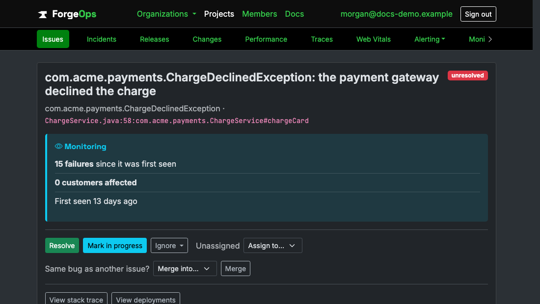 A Java issue's page in ForgeOps: its title, the exception class and the code it came from beneath it, then its verdict with its failure count, customers affected, and when it was first seen, above the triage buttons
