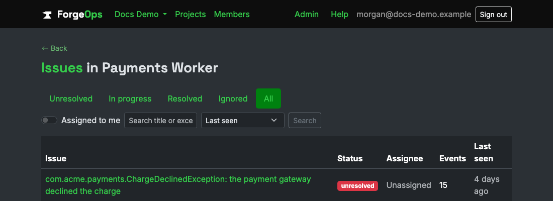 The issue list for a project reporting from a Java app