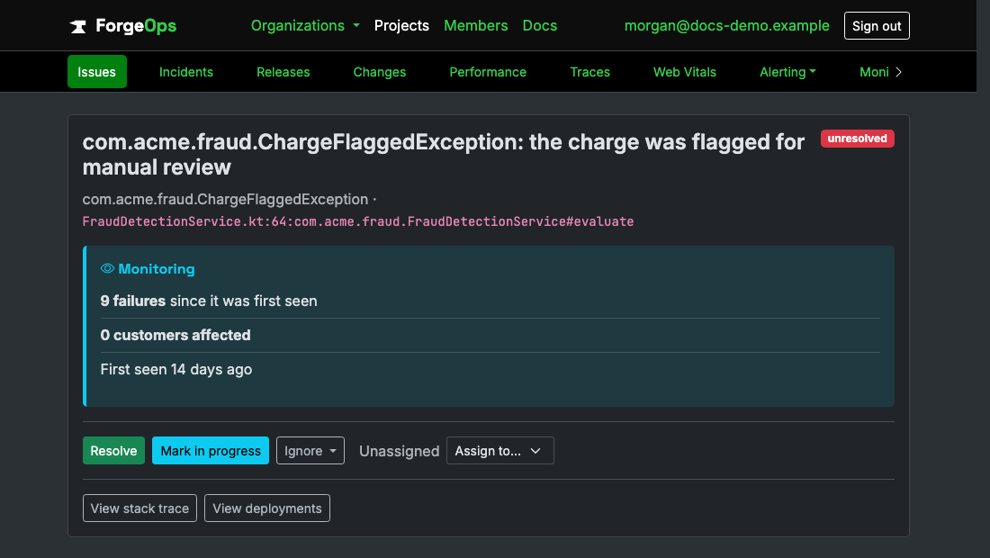 A Kotlin issue's page in ForgeOps: its title, the exception class and the code it came from beneath it, then its verdict with its failure count, customers affected, and when it was first seen, above the triage buttons