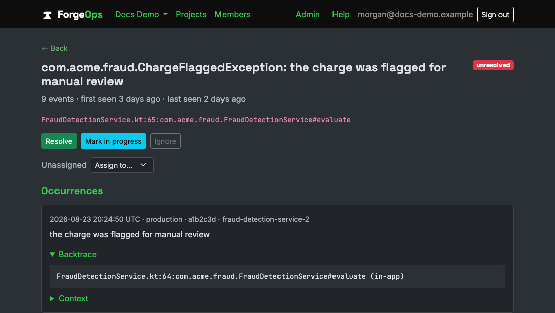 A Kotlin issue's detail page, showing its fully-qualified exception class and StackTraceElement backtrace