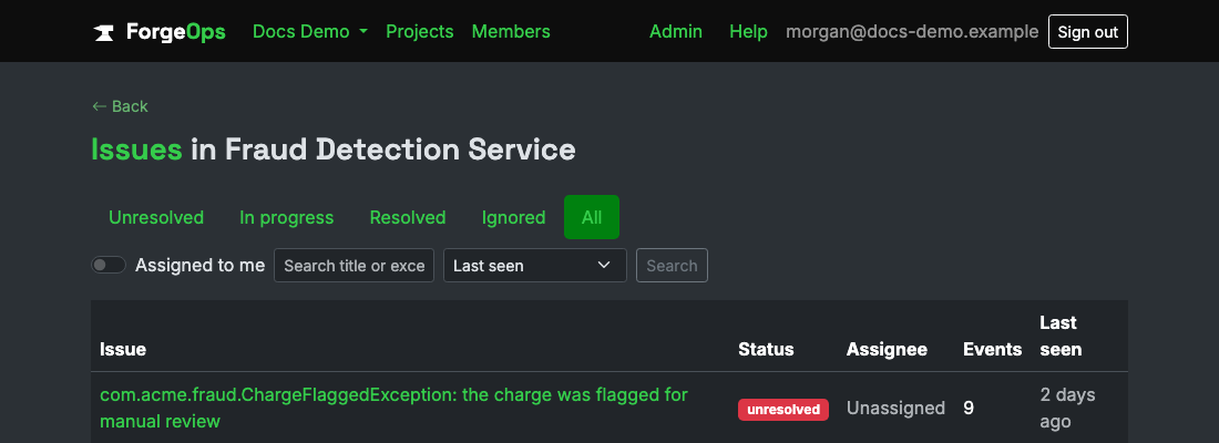 The issue list for a project reporting from a Kotlin app